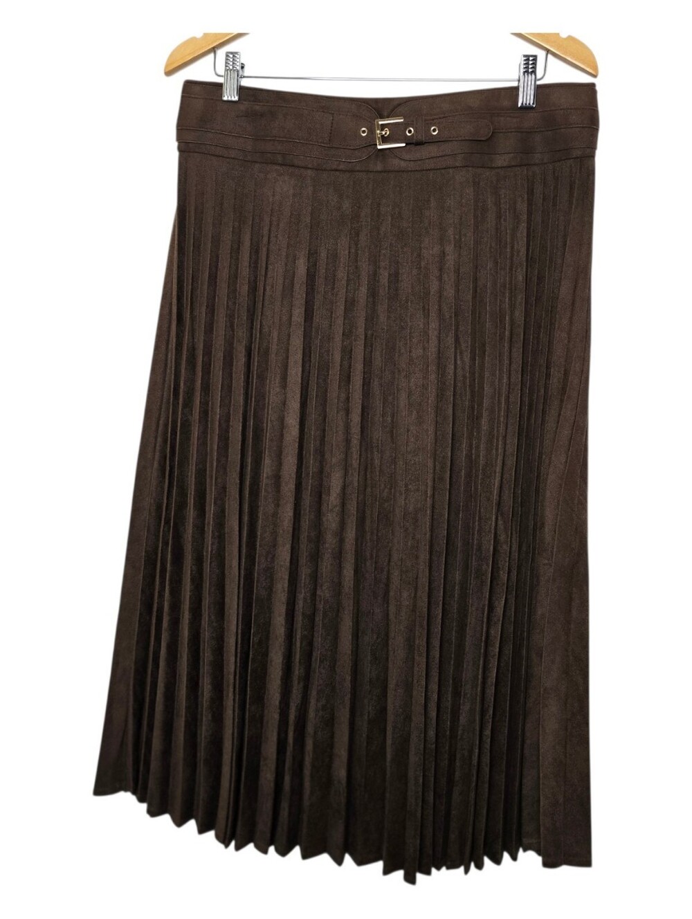 Laffaire NWT Chocolate Brown Pleated Microsuede Large Midi Skirt Officewear Chic